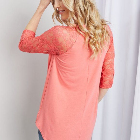 Zenana Full Size Spliced Lace Half Sleeve Round Neck Top in Deep Coral - Picture 3 of 10